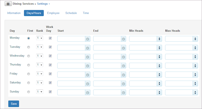 Settings Days/Hours