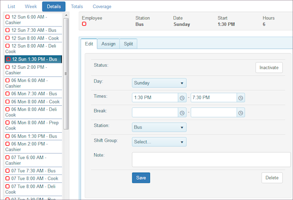 Shift Details view